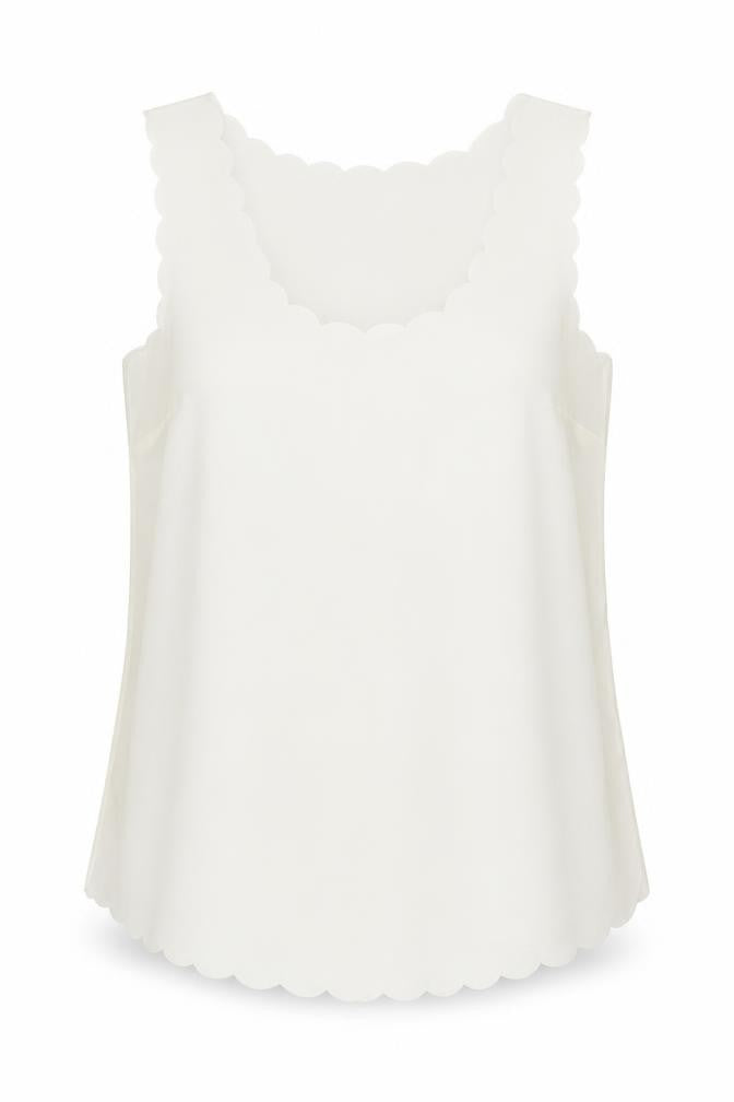 Front view of OPasis women’s ivory basic blouse, size UK 10, - scalloped hem