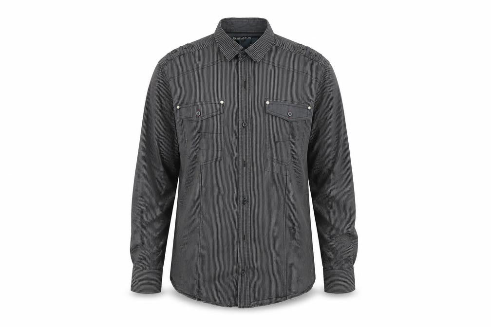 Front view of Next men’s black striped button-up, size M