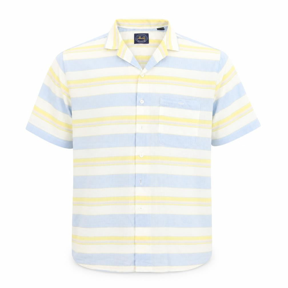 Front view of Allen Jolly women’s blue striped basic button-up, size L