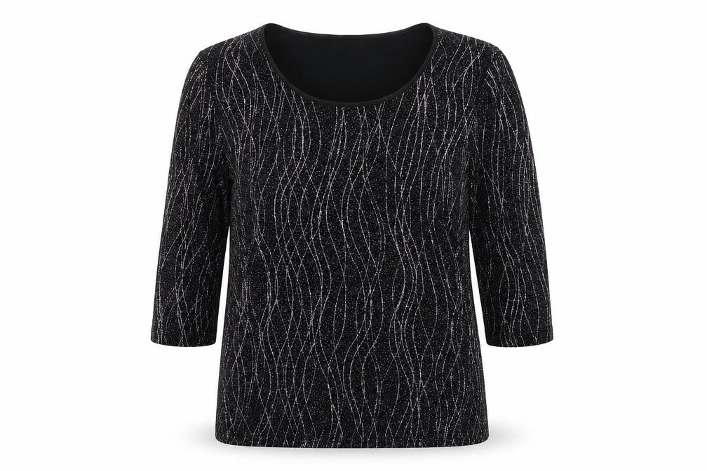 Front view of M&Co women’s black striped basic t-shirt, size UK 16