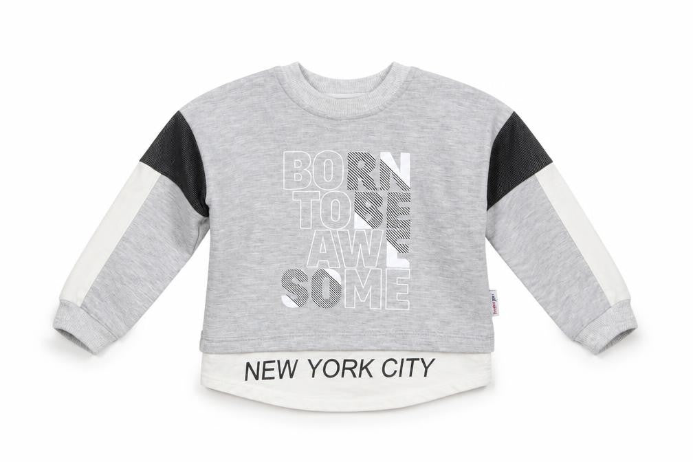 Front view of Baby Go boys’ grey striped basic t-shirt one size
