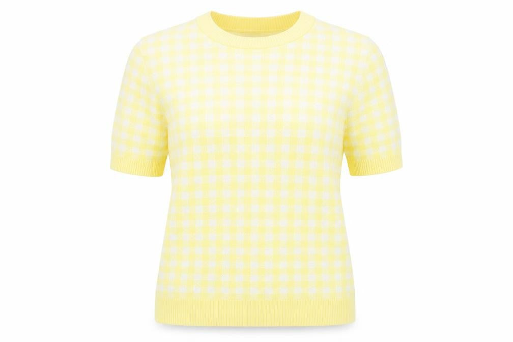Front view of Marks & Spencer women’s yellow geometric knit jumper, size UK 10
