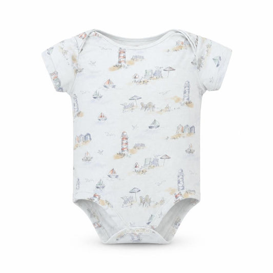 Front view of Tu Baby Grey Spotted Babygrow One-Piece, size 12, Months - beach