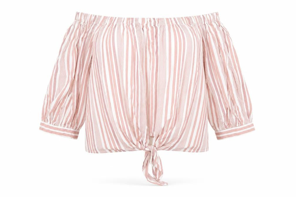 Front view of New Look women’s pink striped basic blouse, size UK 8
