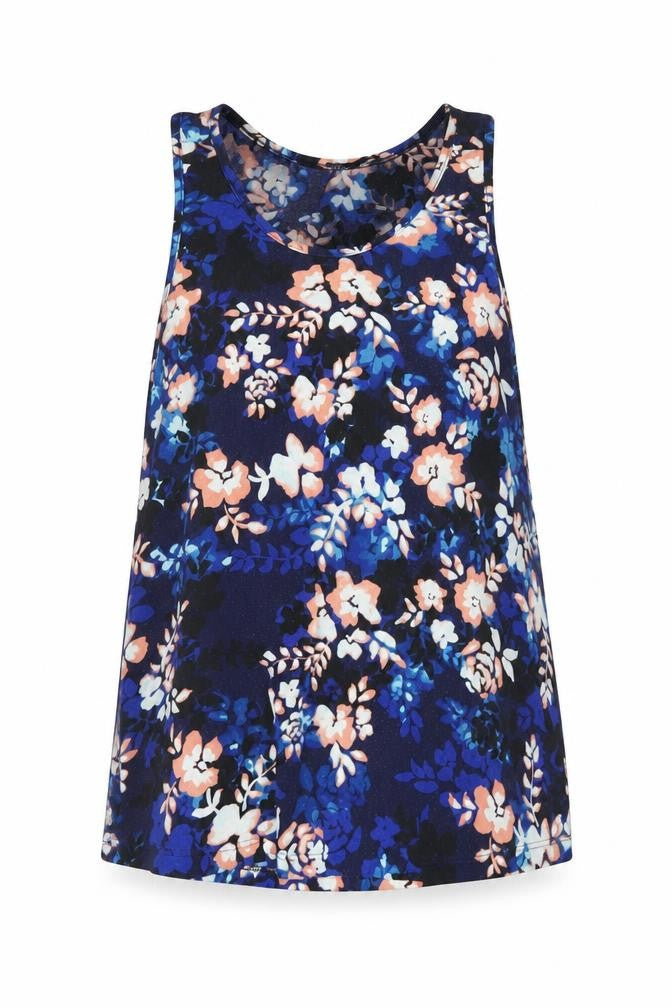 Front view of Atmosphere women’s blue floral basic tank, size UK 6