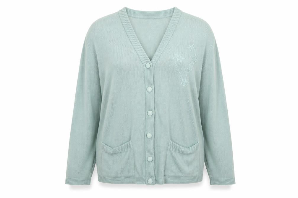 Front view of Cae women’s green cardigan jumper, size XL
