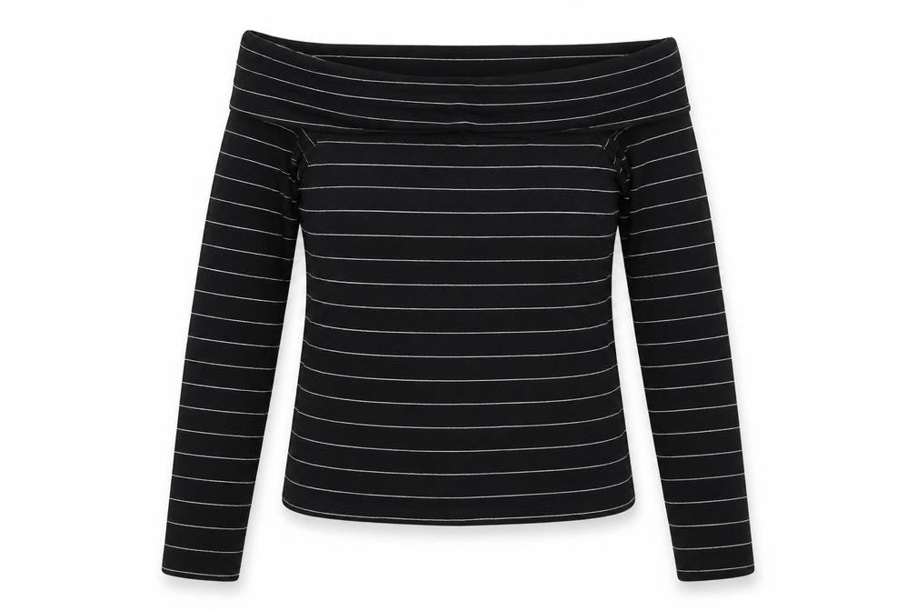 Front view of Miss Selfridge women’s blue striped pullover sweatshirt, size UK 12