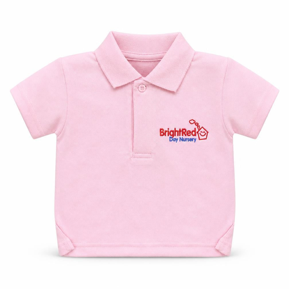 Front view of Larkwood girls’ orange pullover polo, size 9-12, months