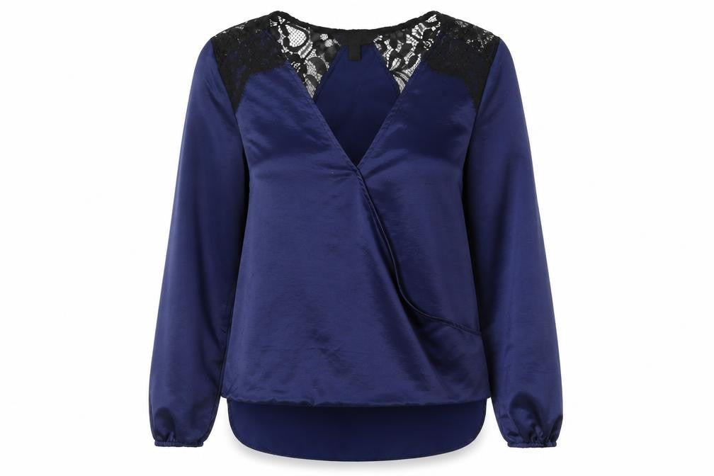 Front view of Lipsy women’s blue satin basic blouse, size UK 8