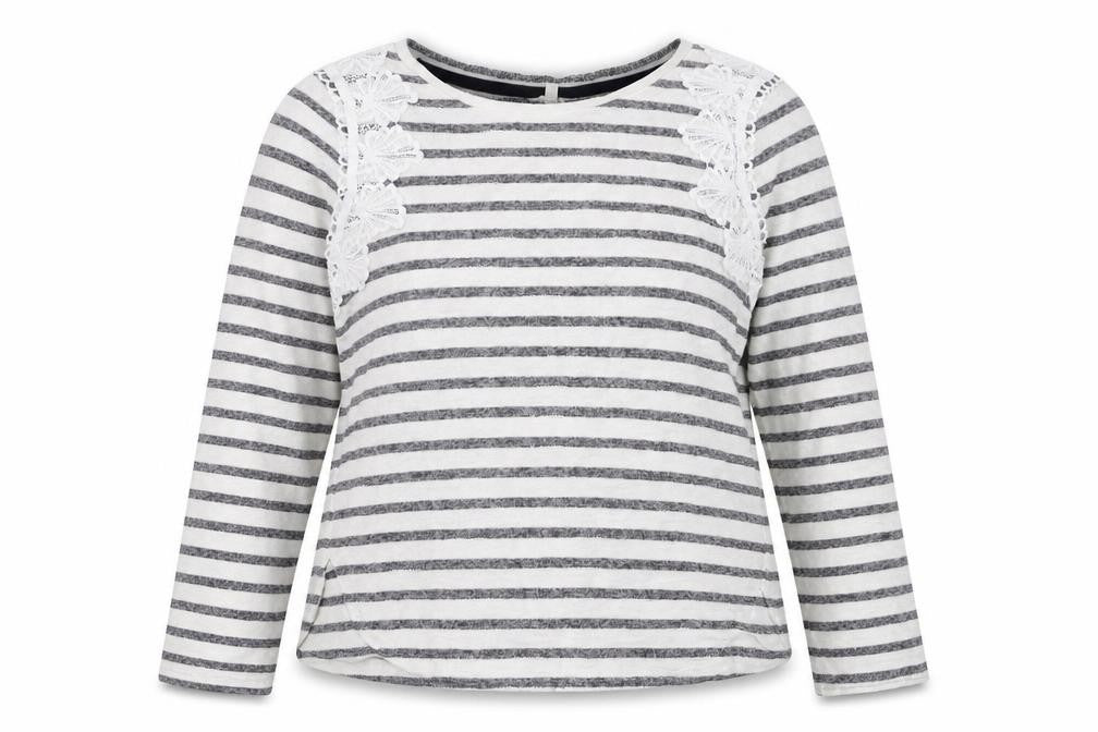 Front view of Matalan women’s white striped jersey pullover sweatshirt, size UK 10