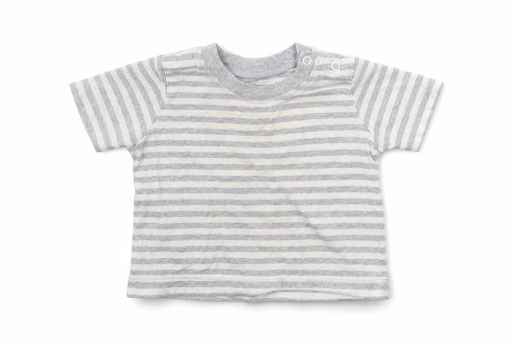 Front view of Matalan boys’ grey striped jersey basic t-shirt, size 0-3, months