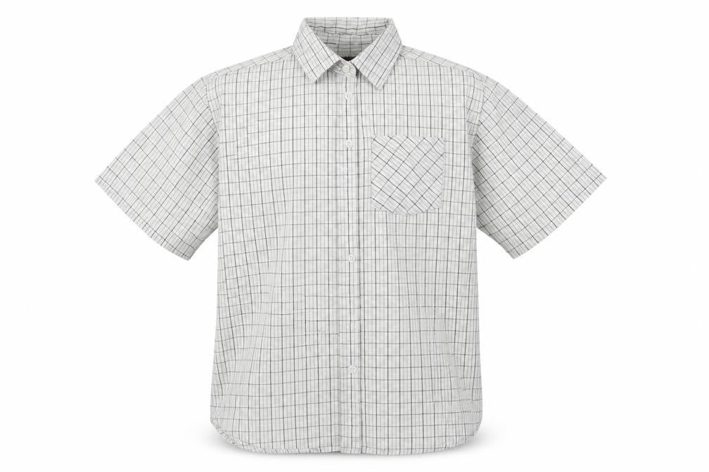 Front view of Cambridge Classics men’s grey plaid button-up, size L