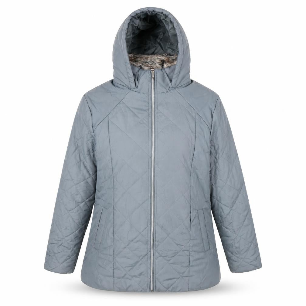 Front view of Preworn women’s blue jacket coat, size M