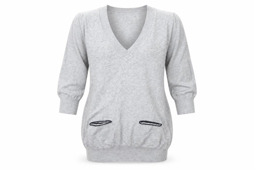 Front view of INTERNACIONALE women’s grey geometric jumper, size UK 12