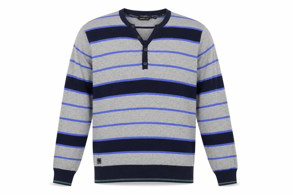 Front view of Dissident men’s grey striped jumper, size M