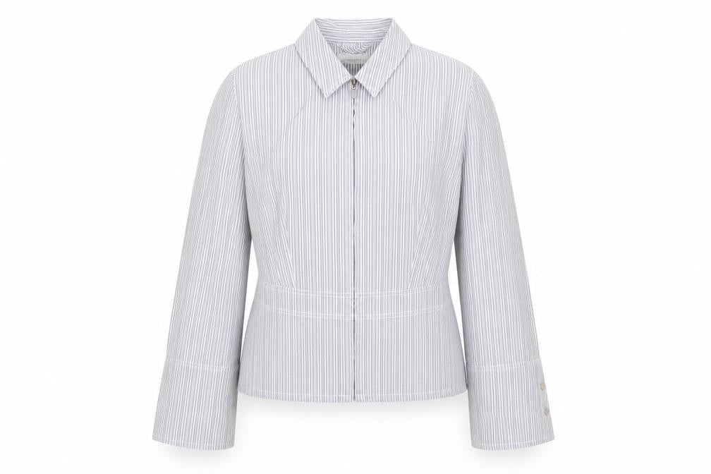 Front view of Collection women’s blue striped jacket blazer, size UK 14