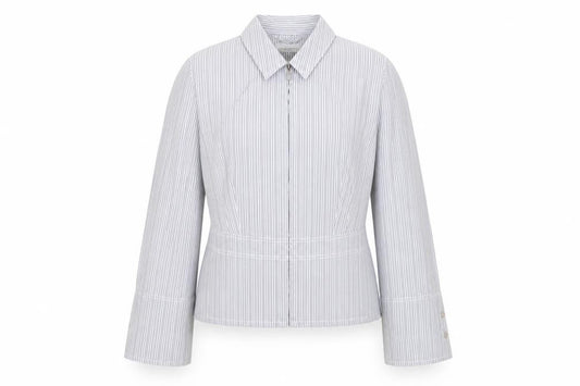 Front view of Collection women’s blue striped jacket blazer, size UK 14