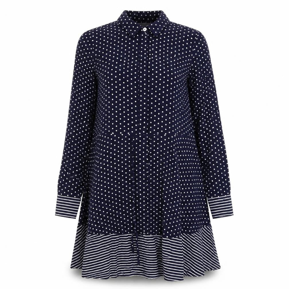 Front view of Warehouse women’s blue polka dot a-line, size UK 6