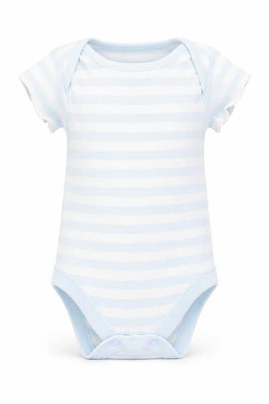 Front view of Marks & Spencer Baby Blue Striped Romper One-Piece, size 0-3, Months