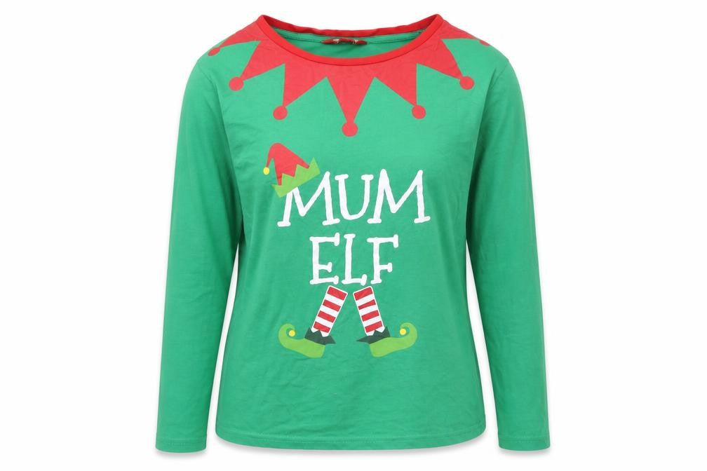 Front view of Made By Elves women’s green basic t-shirt, size UK 12, - mum elf