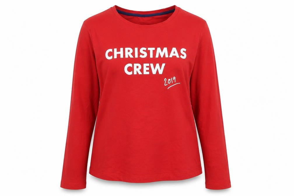 Front view of George women’s red basic t-shirt, size UK 12, - christmas crew 2019