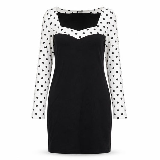 Front view of ASOS women’s black polka dot a-line, size UK 10