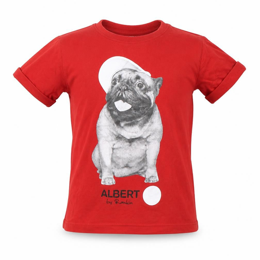 Front view of Comic Relief boys’ red basic t-shirt, size 3-4, years - pug