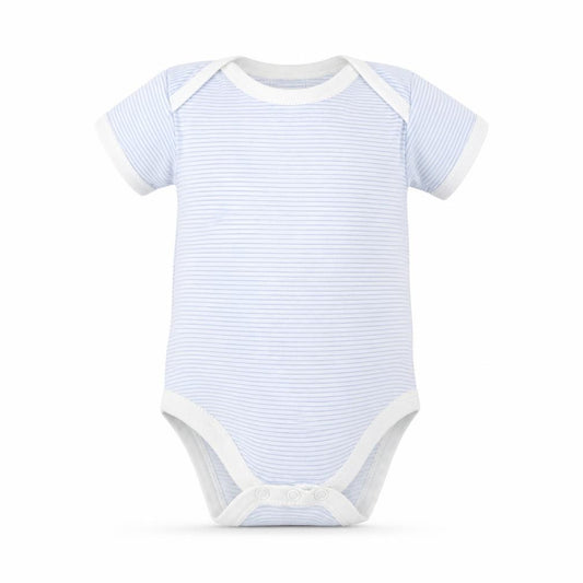 Front view of Jonelle Baby Blue Striped Babygrow One-Piece, size 6-9, Months