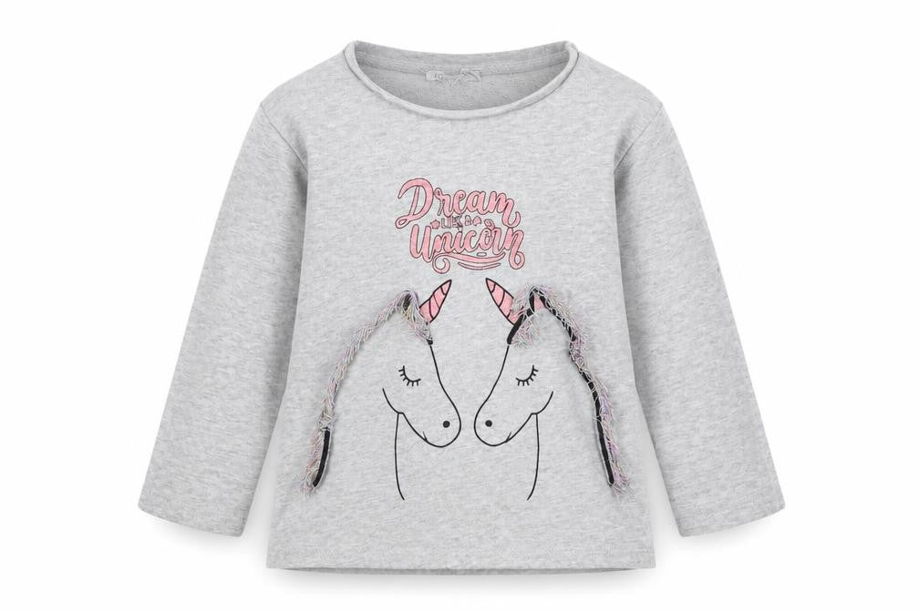 Front view of Primark girls’ grey pullover sweatshirt, size 6-7, years - unicorn