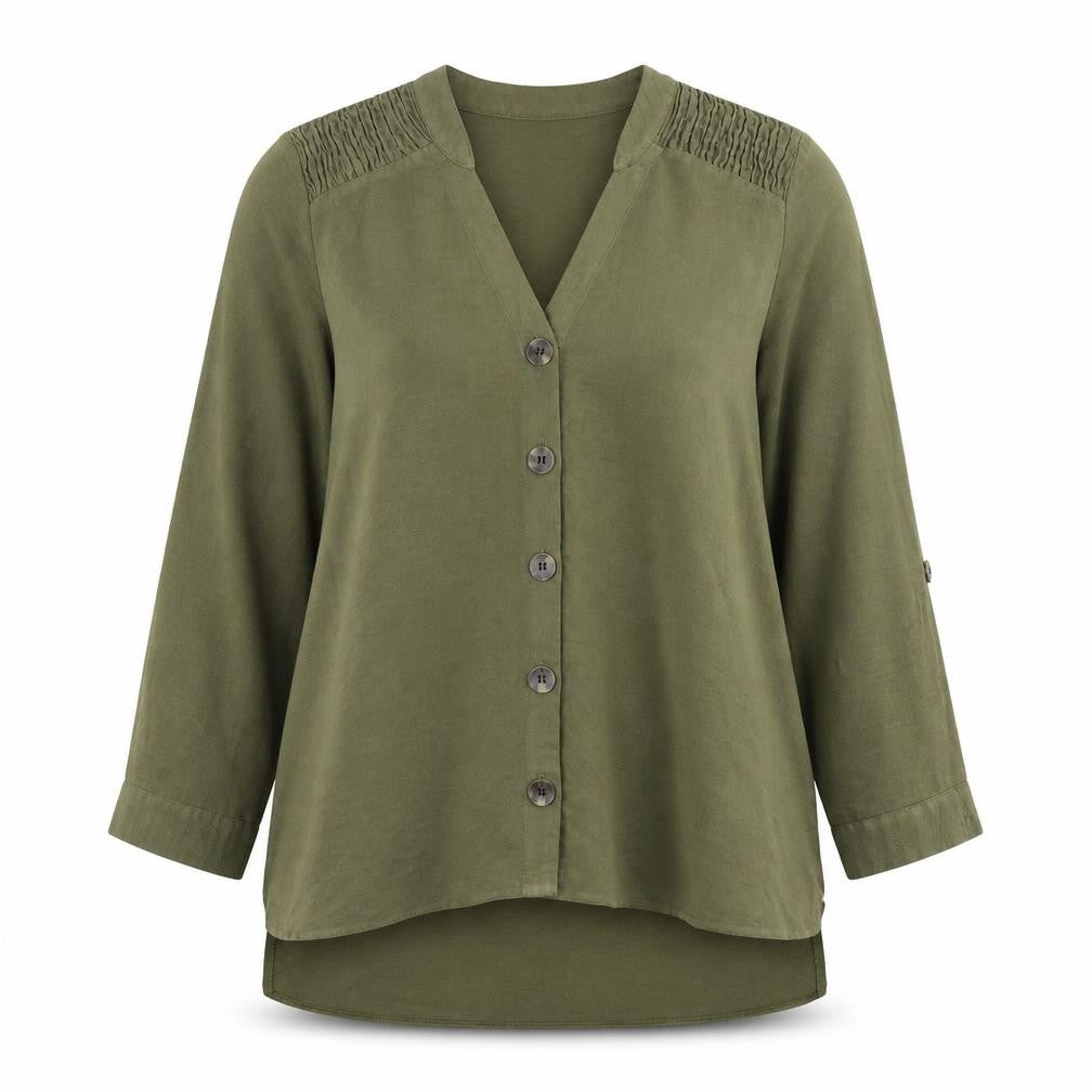 Front view of Matalan women’s green basic button-up, size UK 12