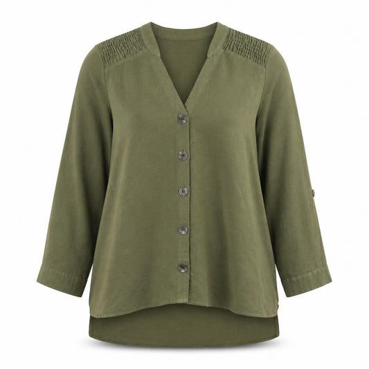 Front view of Matalan women’s green basic button-up, size UK 12