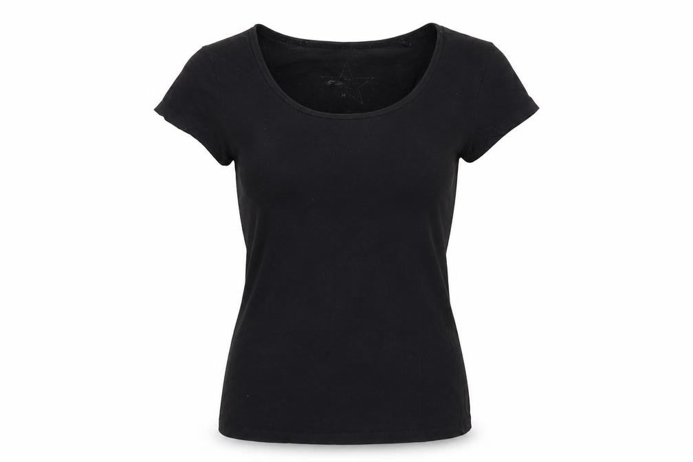 Front view of Preworn women’s black basic t-shirt, size M