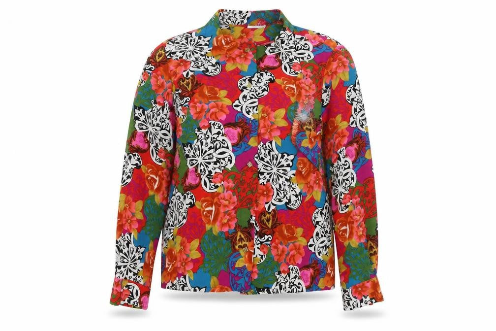 Front view of Reldan women’s red floral jacket blazer, size UK 12