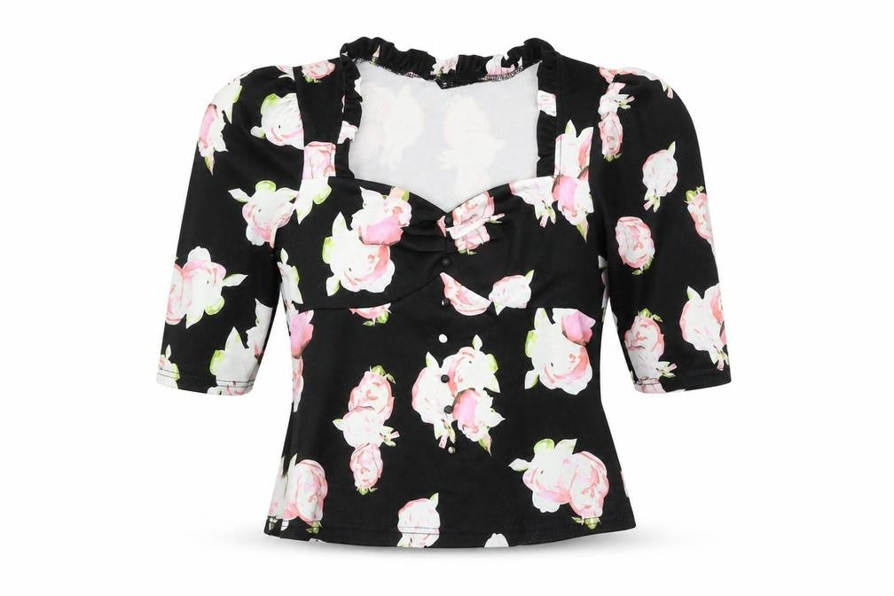 Front view of SHEIN women’s black floral basic blouse, size M