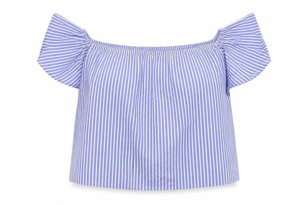 Front view of Zara women’s blue striped basic blouse, size XS