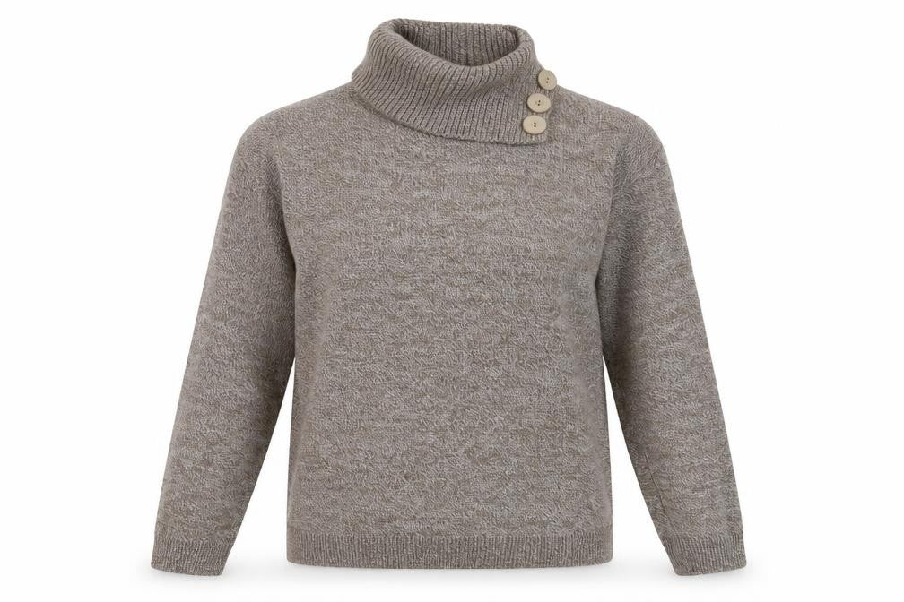 Front view of women’s beige pullover sweatshirt, size M