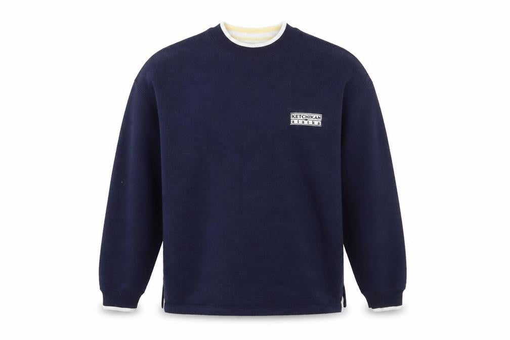 Front view of J. America men’s blue jumper, size M
