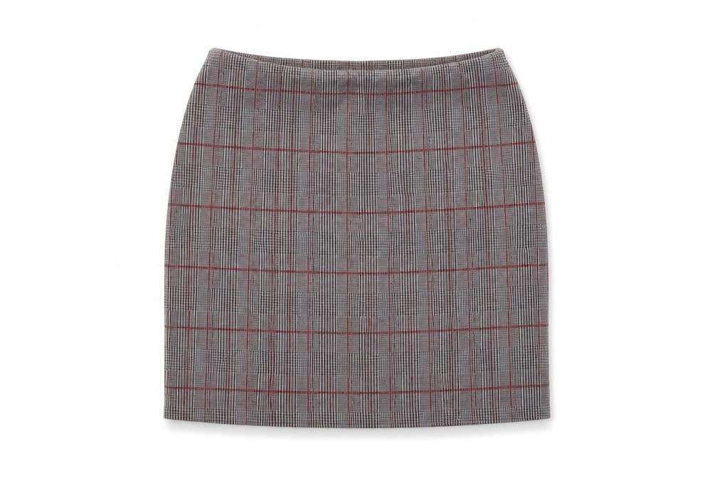 Front view of Lipsy women’s grey check mini skirt, size UK 10