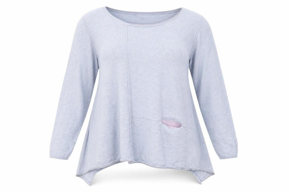 Front view of Wrap women’s blue jumper, size UK 16, - open back