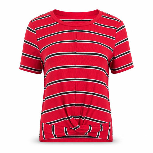 Front view of New Look women’s red striped tunic t-shirt, size UK 12, - front hem detail red white black stripe