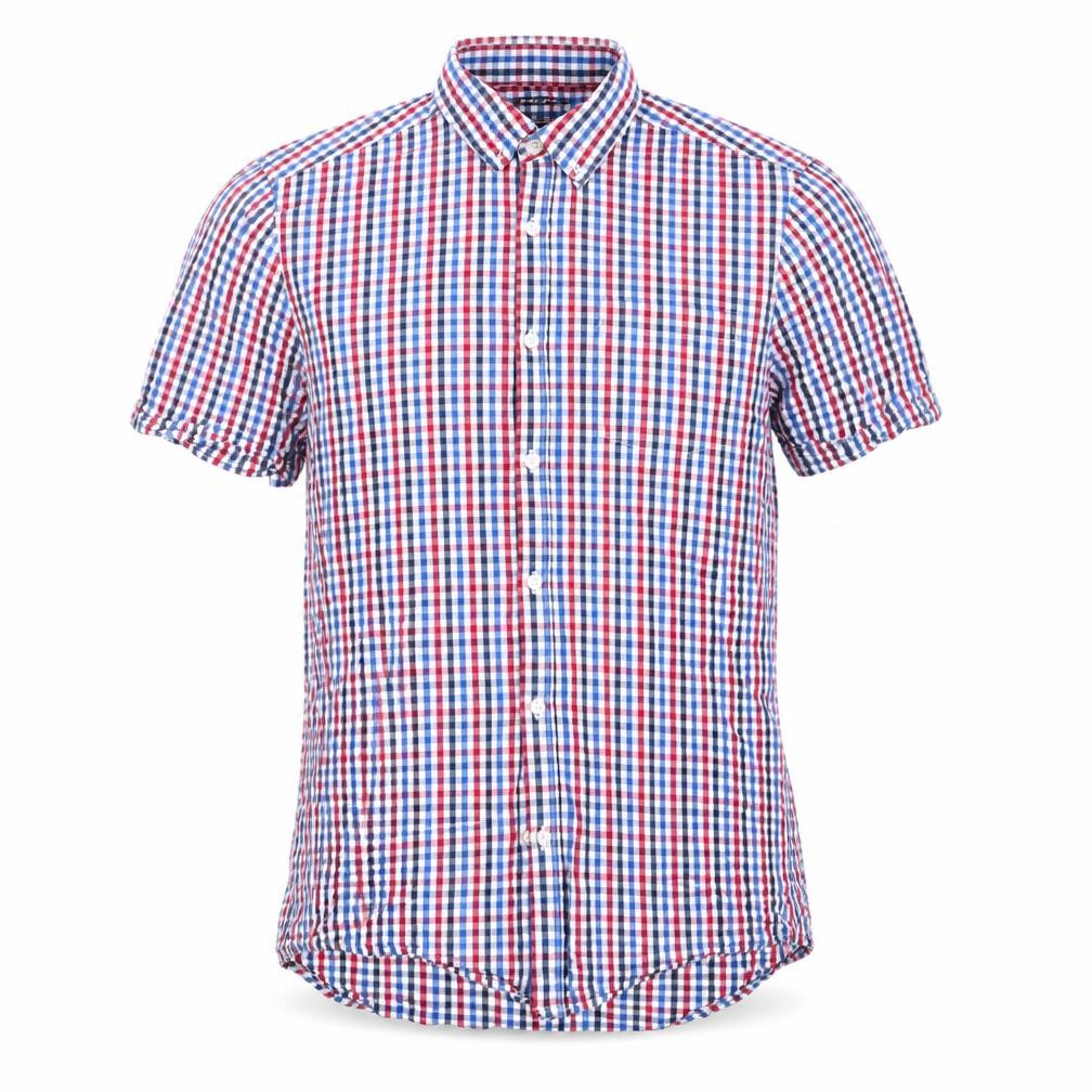 Front view of F&F men’s blue check button-up, size M, - buttoned collar red blue white check