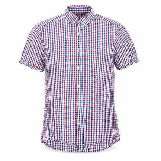 Front view of F&F men’s blue check button-up, size M, - buttoned collar red blue white check