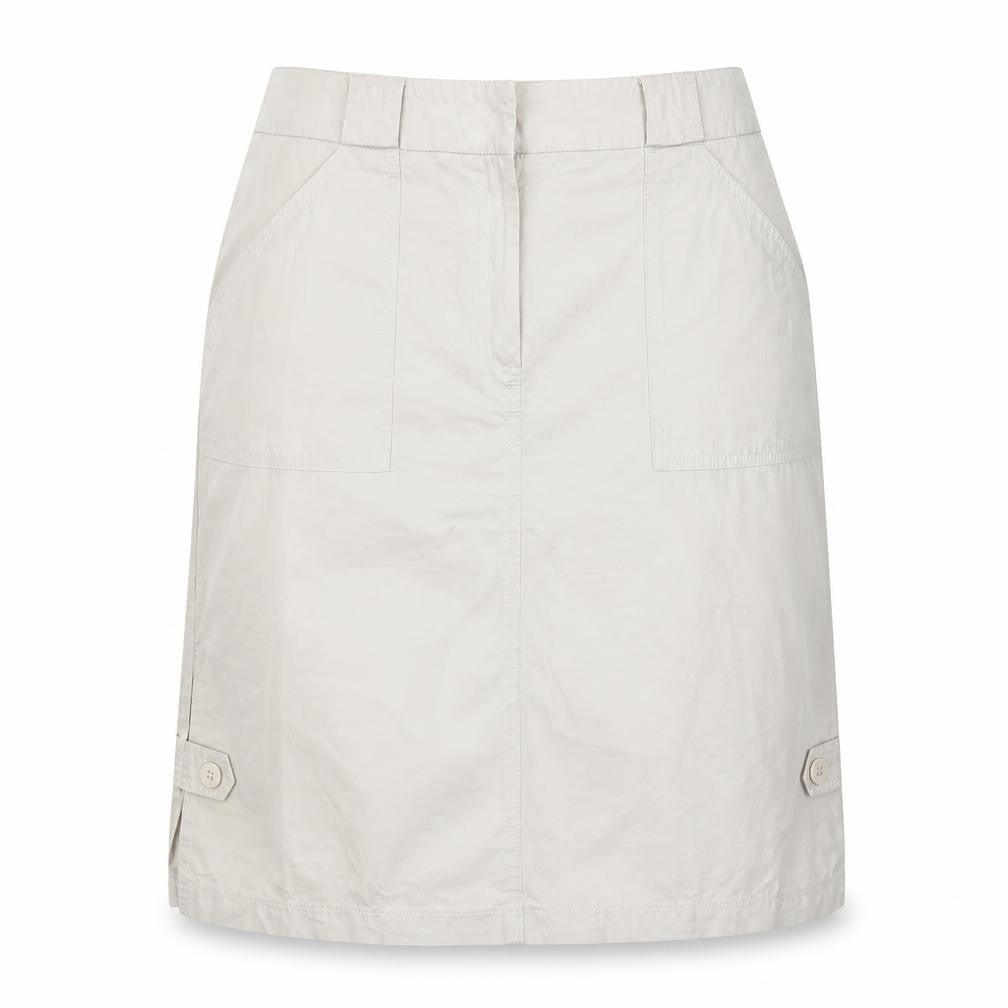 Front view of CMD women’s green a-line skirt, size UK 14, - vented and buttoned hem