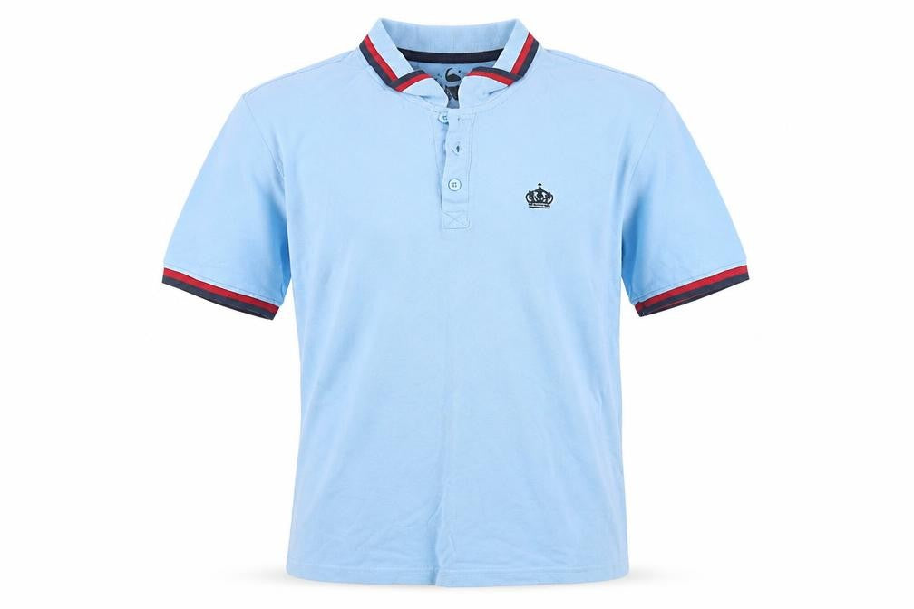 Front view of Pride & Soul men’s blue polo, size L