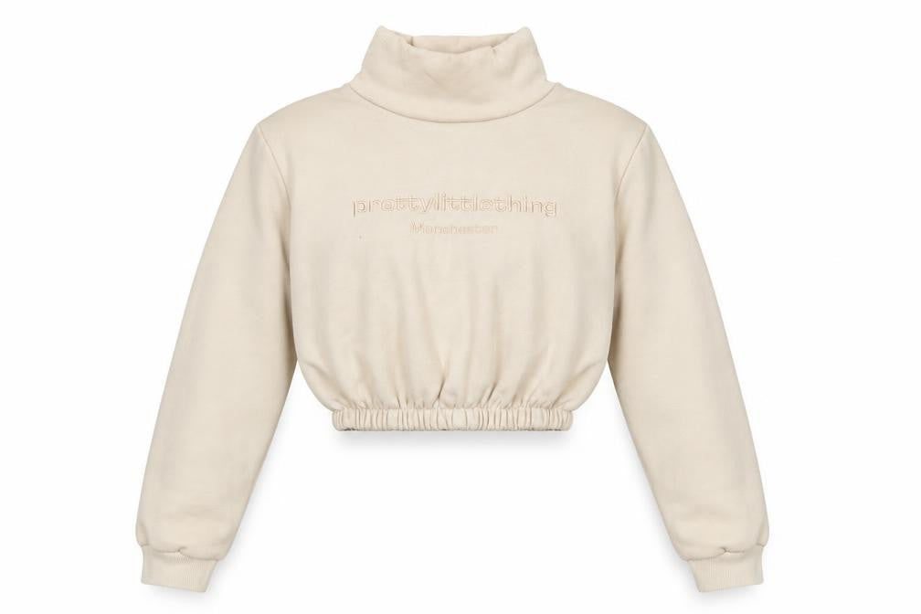 Front view of PRETTYLITTLETHING women’s beige pullover sweatshirt, size M, - cropped
