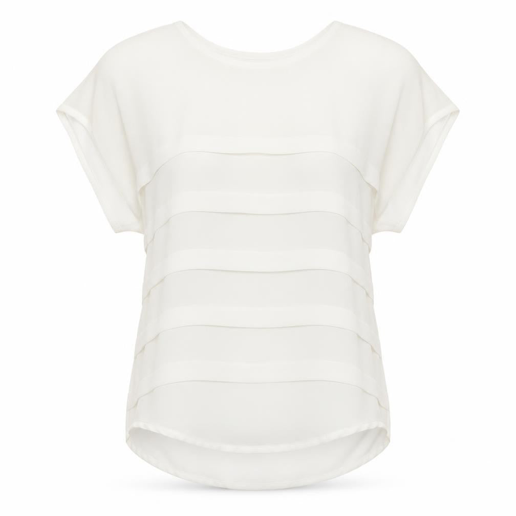 Front view of Internacionale women’s white striped basic blouse, size UK 10