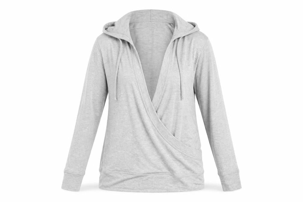 Front view of MPH women’s grey pullover hoodie, size S