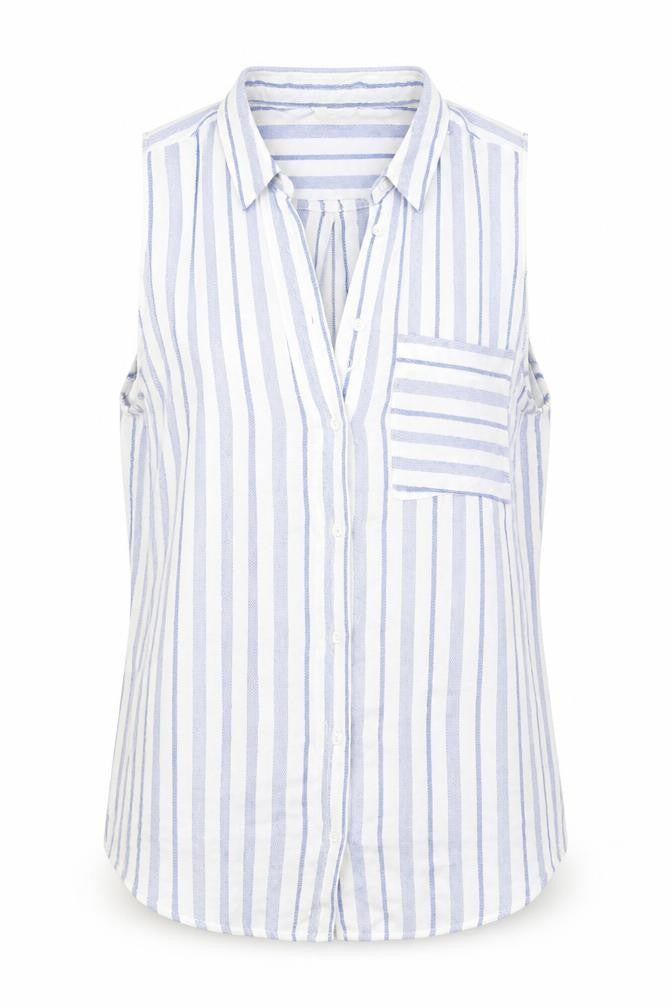 Front view of Papaya women’s blue striped basic button-up, size UK 10