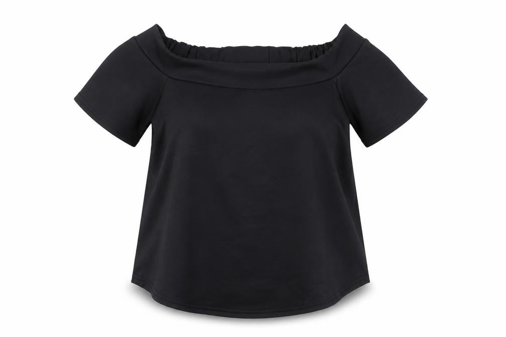 Front view of Boohoo women’s black basic blouse, size UK 6