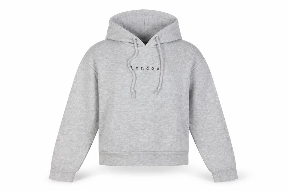 Front view of Primark women’s grey pullover hoodie, size S, - london
